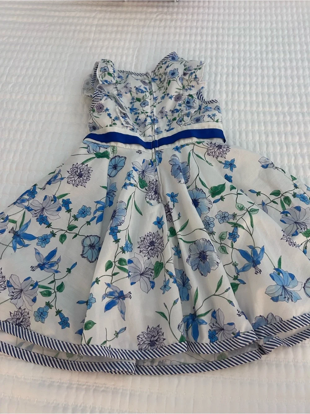 Rare Editions White Dress with Blue Floral Print and Royal Blue Ribbon